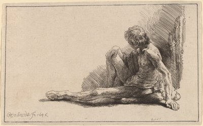 Homme nu assis par terre avec une jambe étendue - Rembrandt van Rijn