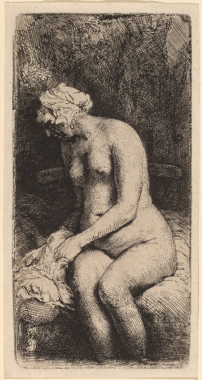 Nue assise sur un banc avec un oreiller (Femme se baignant les pieds à un ruisseau) - Rembrandt van Rijn