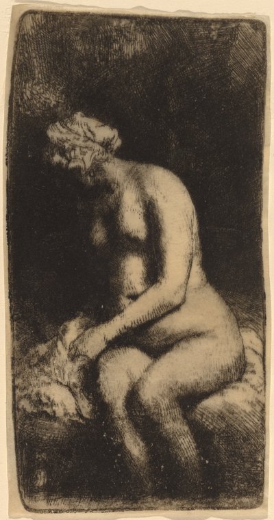 Nu Assis sur un Banc avec un Oreiller (Femme Baignant ses Pieds à un Ruisseau) - Rembrandt van Rijn