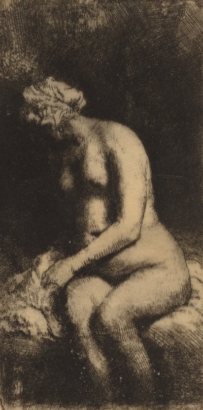 Nu assis sur un banc avec un oreiller Femme se baignant les pieds dans un ruisseau, 1658 - Rembrandt van Rijn