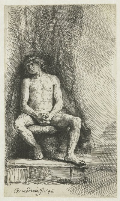 Jeune homme nu, assis devant un rideau - Rembrandt van Rijn