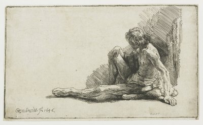 Homme nu assis par terre avec une jambe étendue - Rembrandt van Rijn