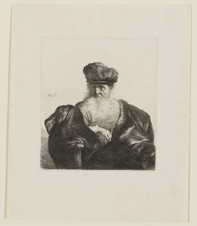 Vieil homme assis, à la barbe abondante, coiffé d