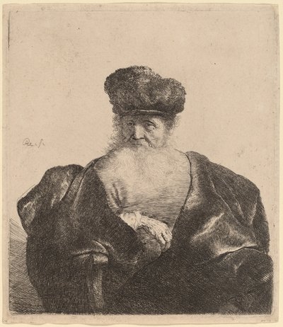 Vieil homme avec barbe, bonnet de fourrure et manteau de velours - Rembrandt van Rijn
