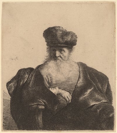Vieil homme avec barbe, bonnet de fourrure et manteau de velours - Rembrandt van Rijn