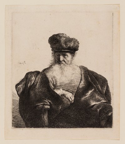 Vieil homme avec barbe, bonnet de fourrure et manteau de velours - Rembrandt van Rijn