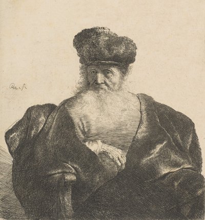 Vieil homme avec barbe, bonnet de fourrure et manteau de velours - Rembrandt van Rijn
