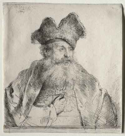 Vieil homme avec un bonnet de fourrure divisé - Rembrandt van Rijn