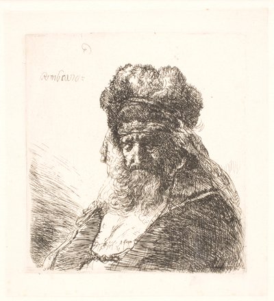 Vieil homme barbu avec un bonnet de fourrure haut, les yeux fermés - Rembrandt van Rijn