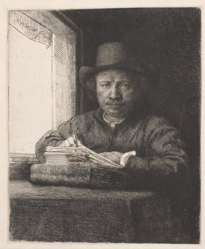Rembrandt dessinant à une fenêtre - Rembrandt van Rijn