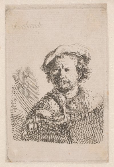 Rembrandt avec une casquette plate et un châle sur les épaules - Rembrandt van Rijn