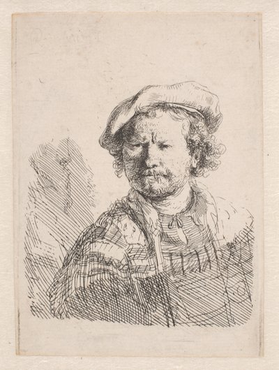 Rembrandt avec une casquette plate et un châle sur les épaules - Rembrandt van Rijn