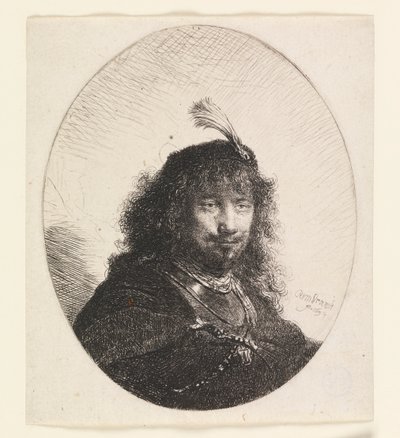 Rembrandt avec chapeau à plumes et sabre abaissé - Rembrandt van Rijn