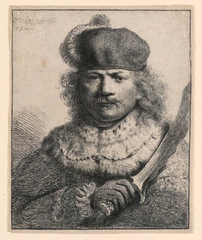 Rembrandt avec sabre levé - Rembrandt van Rijn