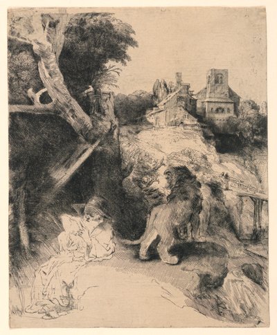 Saint Jérôme lisant dans un paysage italien - Rembrandt van Rijn