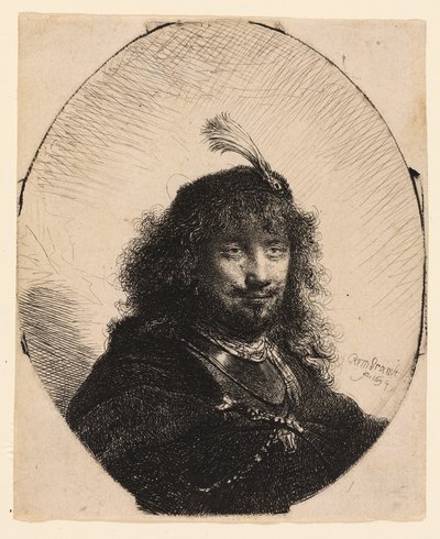 Autoportrait (?) avec chapeau à plumes et sabre abaissé - Rembrandt van Rijn