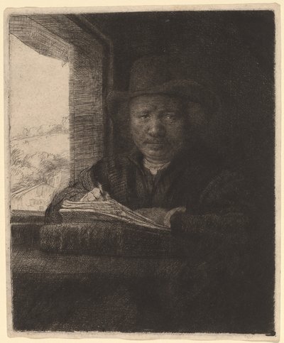 Autoportrait dessinant à une fenêtre - Rembrandt van Rijn
