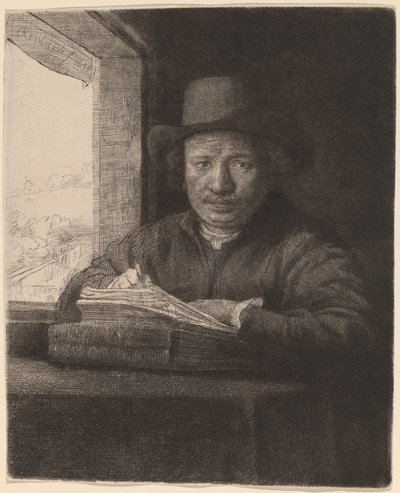 Autoportrait dessinant à une fenêtre - Rembrandt van Rijn