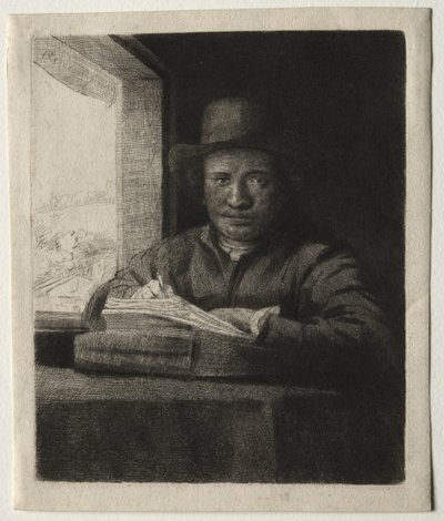 Autoportrait dessinant à une fenêtre - Rembrandt van Rijn