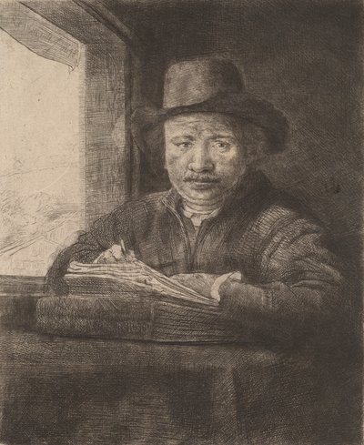 Autoportrait dessinant à une fenêtre - Rembrandt van Rijn