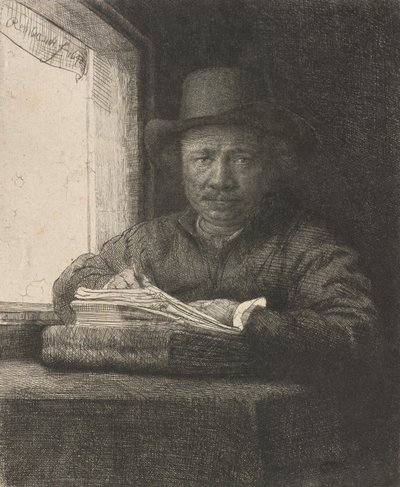 Autoportrait dessinant à une fenêtre - Rembrandt van Rijn