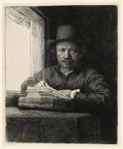 Autoportrait gravure à une fenêtre - Rembrandt van Rijn
