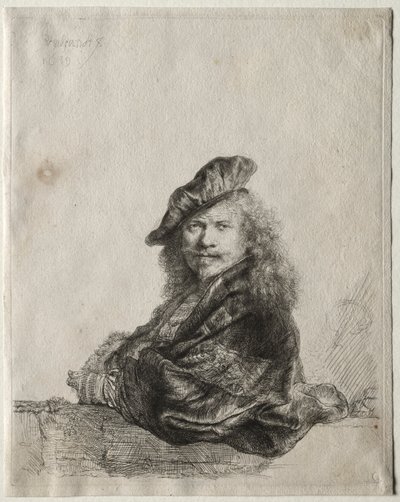 Autoportrait appuyé sur un rebord de pierre - Rembrandt van Rijn