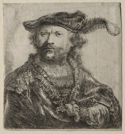 Autoportrait en bonnet de velours avec plume - Rembrandt van Rijn