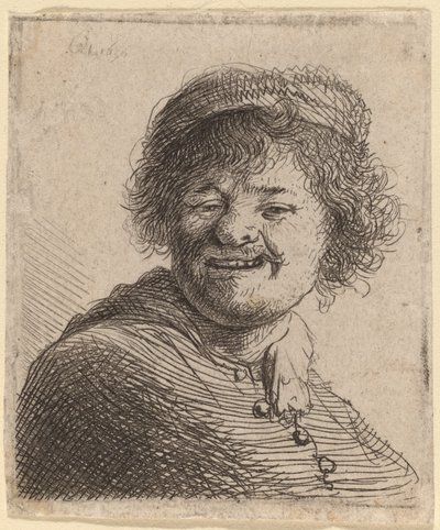 Autoportrait avec un bonnet : Riant - Rembrandt van Rijn