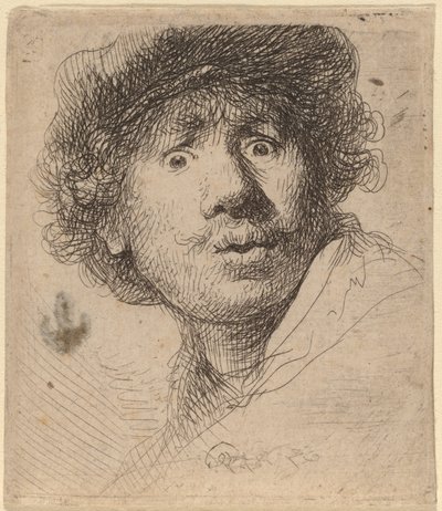 Autoportrait en casquette, bouche ouverte - Rembrandt van Rijn