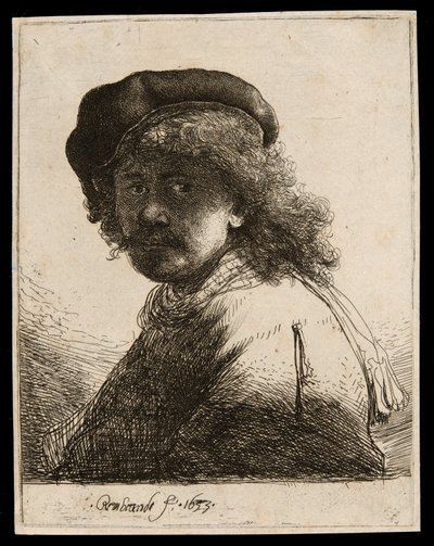 Autoportrait avec un bonnet et une écharpe, visage sombre : buste - Rembrandt van Rijn