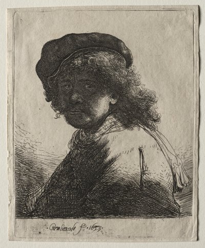 Autoportrait avec une Casquette et une Écharpe avec le Visage Sombre : Buste - Rembrandt van Rijn