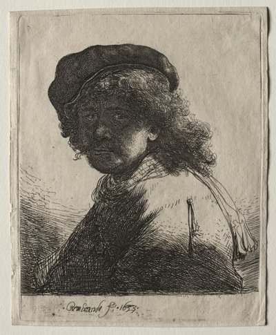 Autoportrait avec un bonnet et une écharpe avec le visage sombre : Buste, 1633 - Rembrandt van Rijn