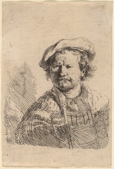Autoportrait avec un Bonnet Plat et une Robe Brodée - Rembrandt van Rijn