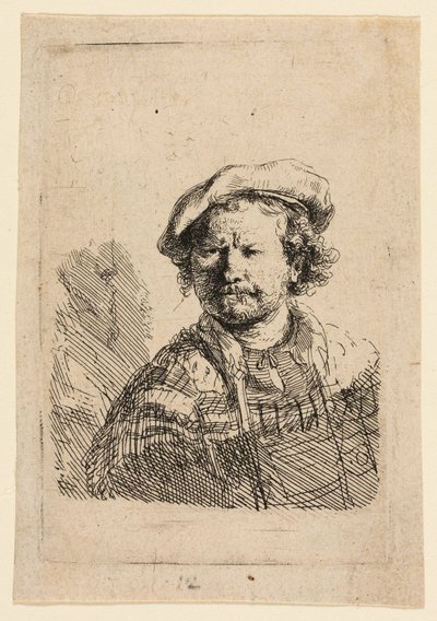 Autoportrait avec une casquette plate et une robe brodée - Rembrandt van Rijn