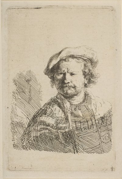 Autoportrait avec une casquette plate et une robe brodée - Rembrandt van Rijn