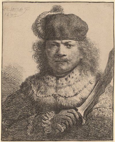 Autoportrait avec Sabre Levé - Rembrandt van Rijn