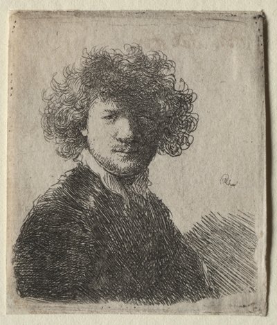 Autoportrait avec cheveux bouclés et col blanc : Buste - Rembrandt van Rijn