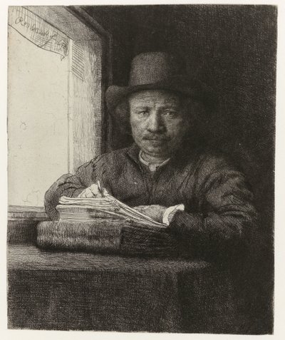 Autoportrait, gravure à une fenêtre - Rembrandt van Rijn