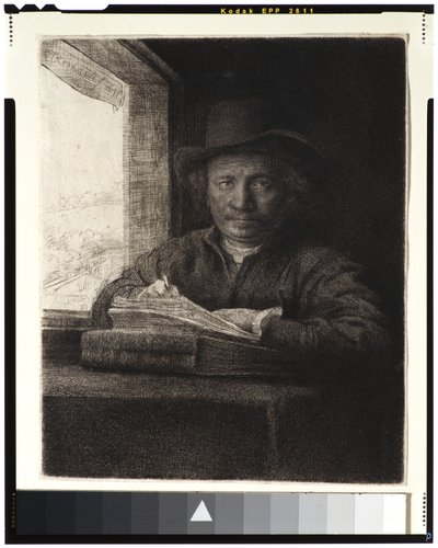 Autoportrait, gravure à une fenêtre, 1648 - Rembrandt van Rijn