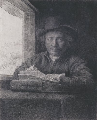 Autoportrait, gravure à une fenêtre, 1648 (gravure sur papier vergé) - Rembrandt van Rijn