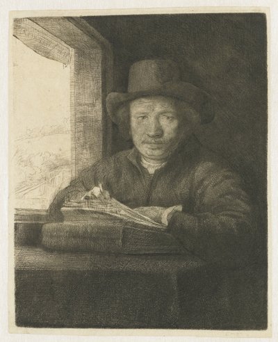 Autoportrait gravure à une fenêtre - Rembrandt van Rijn