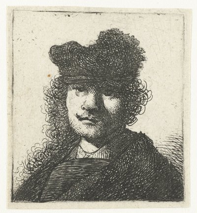Autoportrait avec un bonnet et une cape sombre : buste - Rembrandt van Rijn