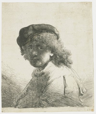 Autoportrait avec un bonnet et une écharpe, visage sombre : buste - Rembrandt van Rijn