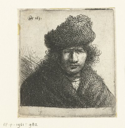 Autoportrait avec bonnet de fourrure incliné : buste - Rembrandt van Rijn