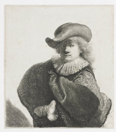 Autoportrait avec un chapeau mou et une cape à motifs - Rembrandt van Rijn
