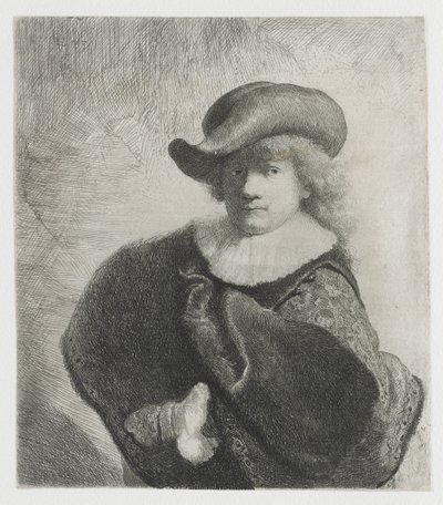 Autoportrait avec un chapeau mou et un manteau à motifs - Rembrandt van Rijn