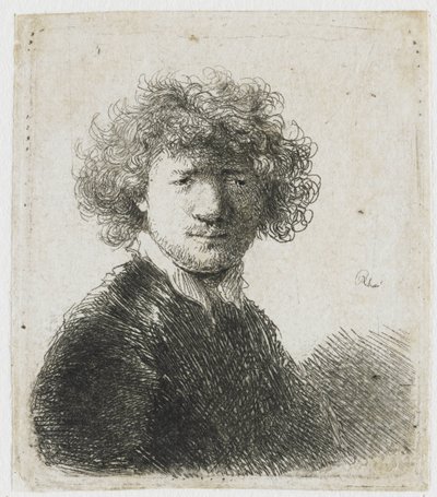 Autoportrait avec cheveux bouclés et col blanc : buste - Rembrandt van Rijn