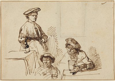 Esquisses prises dans une taverne : une femme debout et deux hommes assis - Rembrandt van Rijn