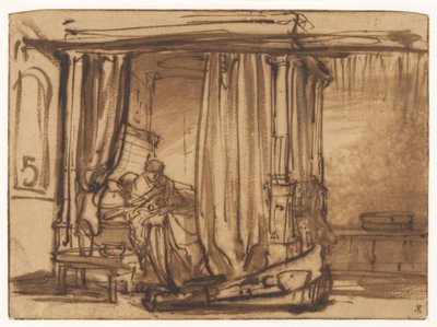 Chambre à coucher avec Saskia assise dans un lit à baldaquin - Rembrandt van Rijn